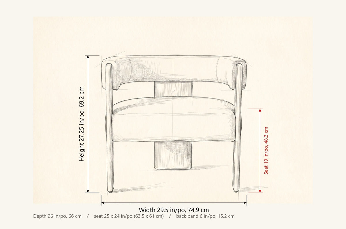 Chioggia accent chair dimensions: 29.5 in wide, 26 in deep, 27.25 in high, seat 19 in high