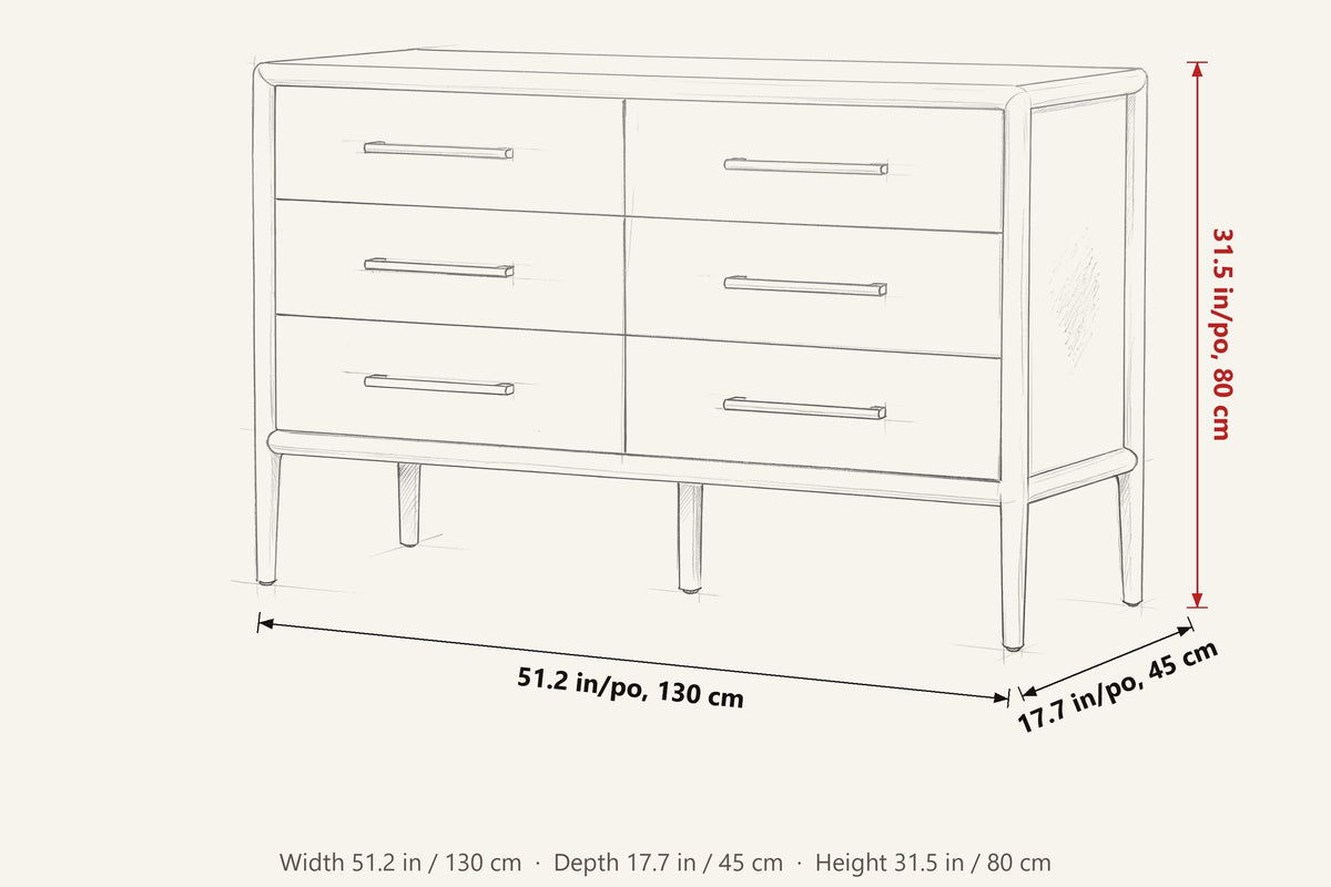 Chiusdino dimensions on a pencil sketch of the dresser: 51.2 in wide, 17.7 in deep, 31.5 in high