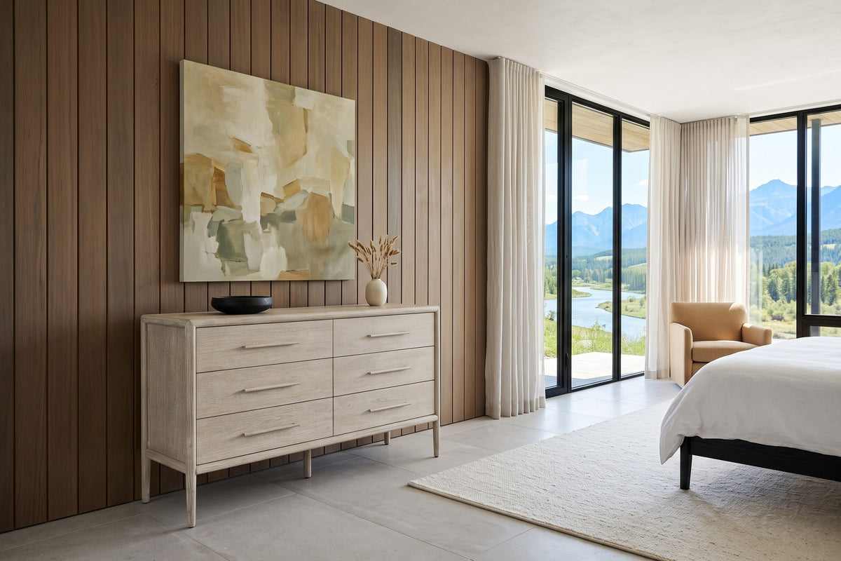 Chiusdino dresser in a pale whitewashed finish against a cedar board wall in a Sundre ranch house bedroom