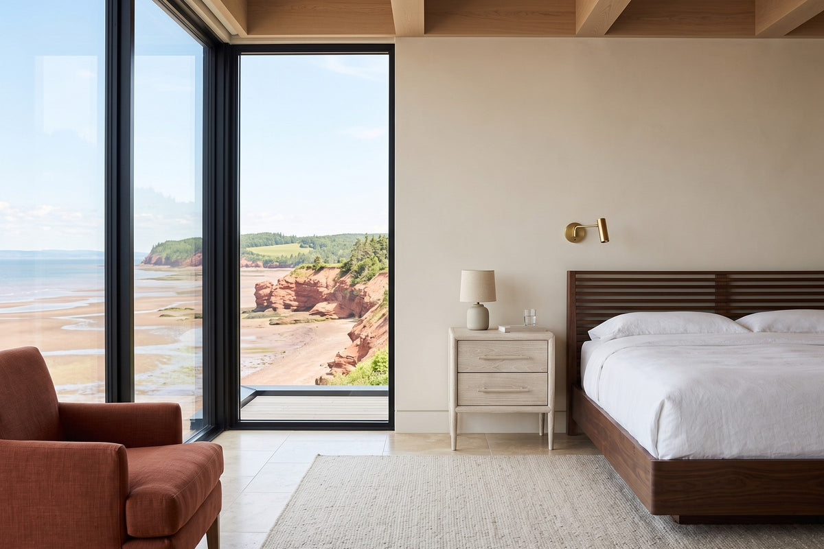Chiusdino nightstand in whitewashed wood beside a walnut slatted bed in a bedroom above the Bay of Fundy at Alma