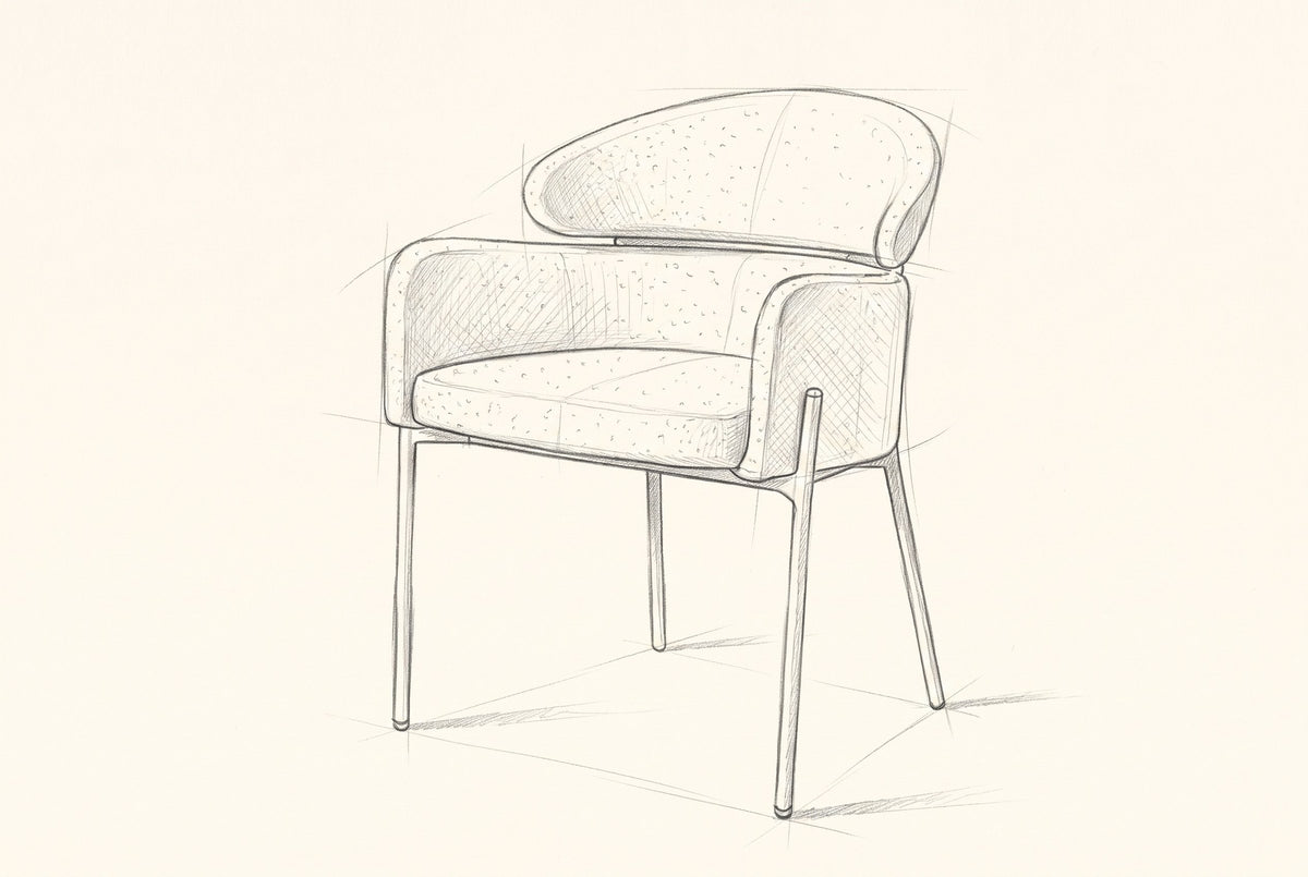 Pencil drawing of the Chiusi dining chair, three-quarter view