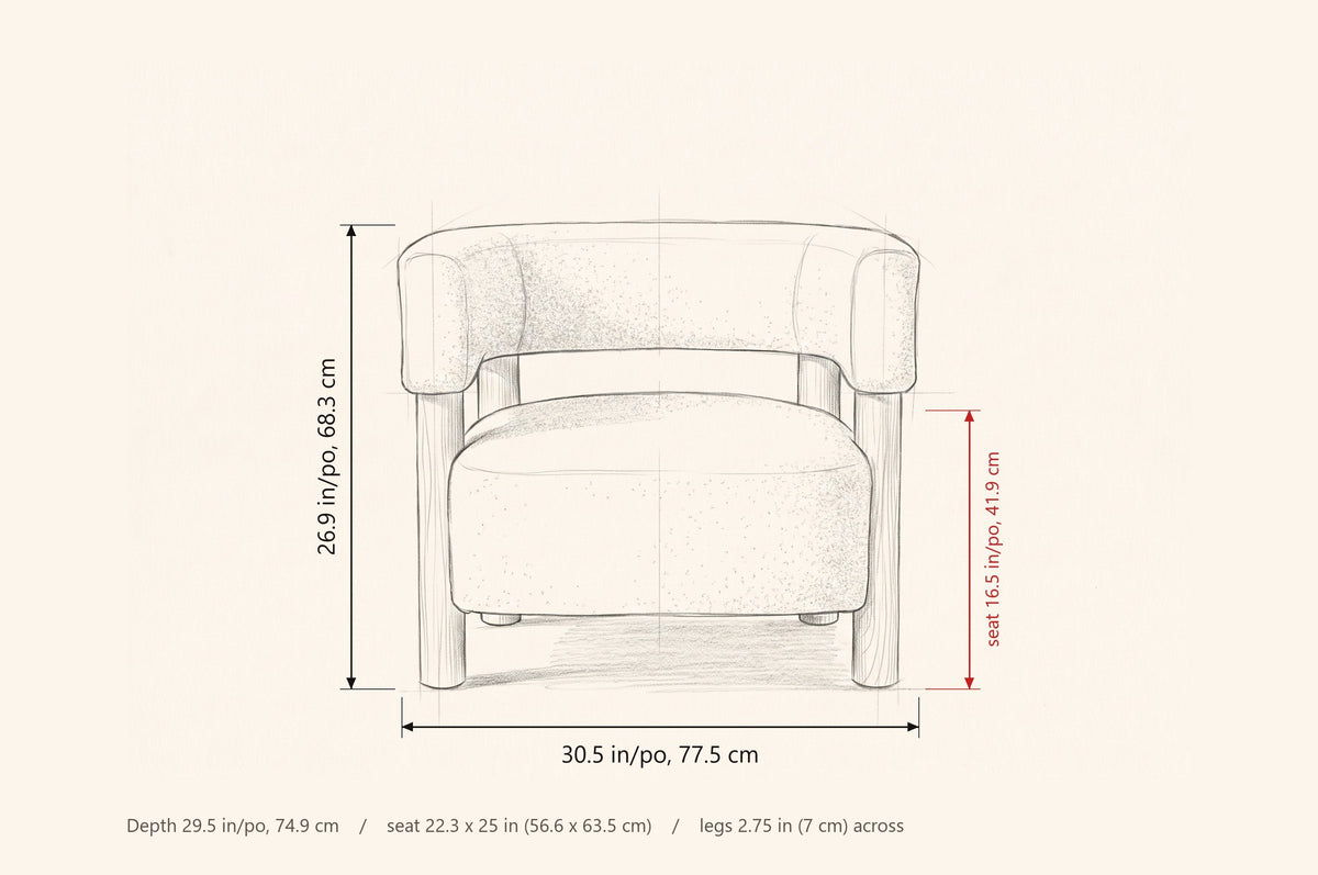 Cingoli dimensions: 30.5 in wide, 29.5 in deep, 26.9 in high, seat 16.5 in high