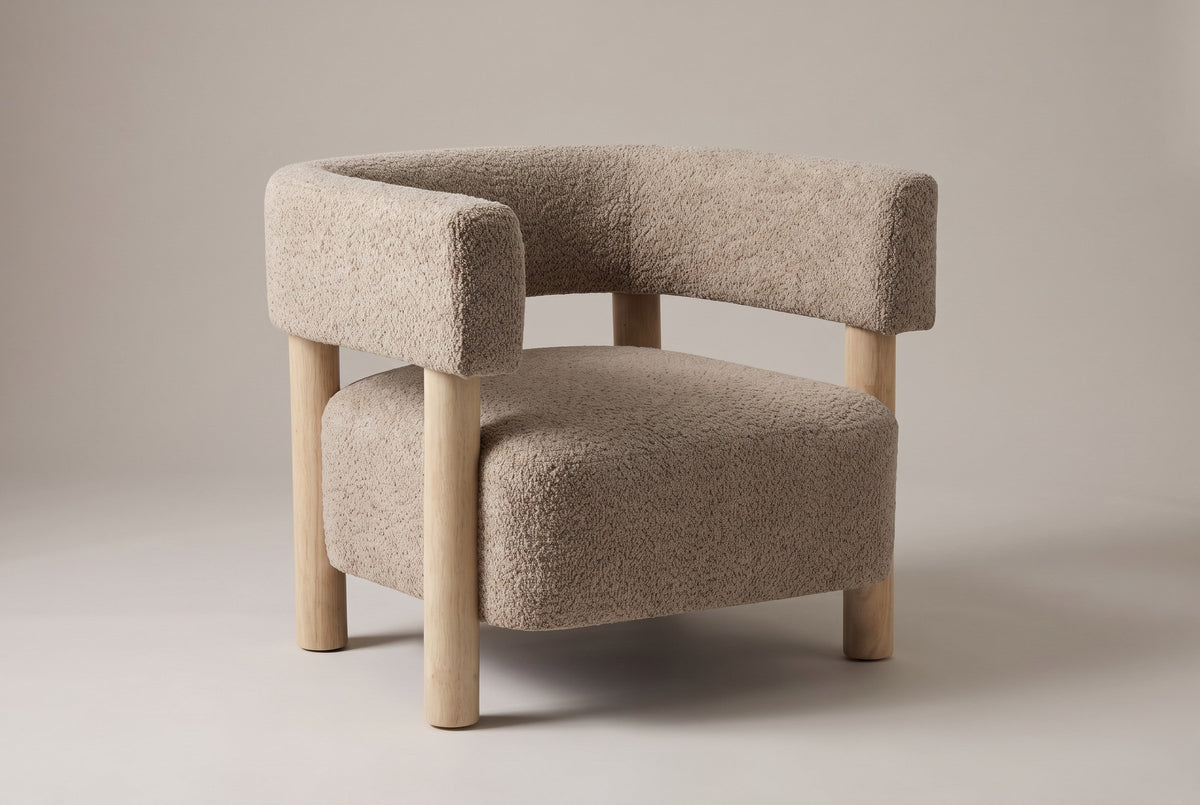 Cingoli boucle accent arm chair in Light Camel with natural rubberwood legs