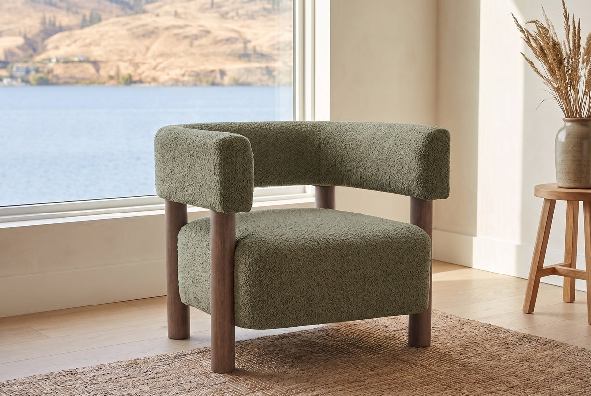 Cingoli chair in a bright Kelowna lake house sitting room with a lake view and a jute rug (Olive Green)