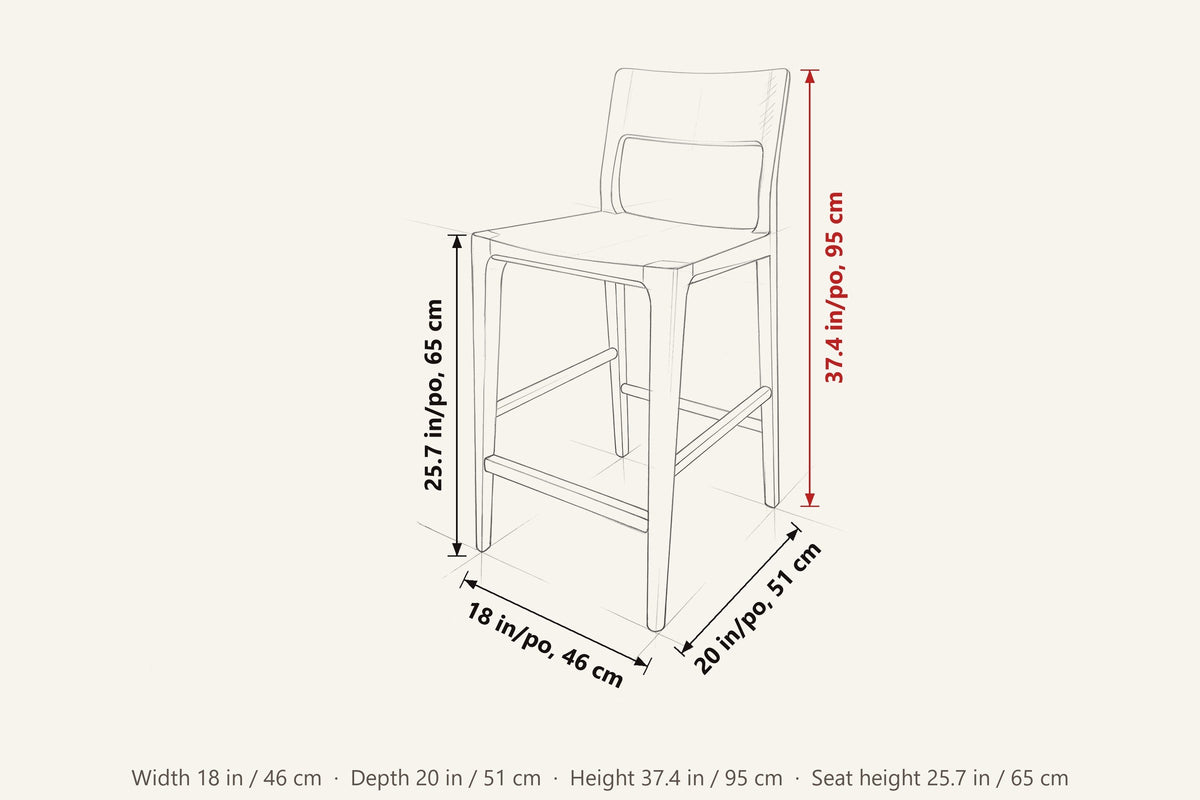 Cison dimensions on a pencil sketch of the stool: 37.4 in high, 18 in wide, 20 in deep, seat height 25.7 in