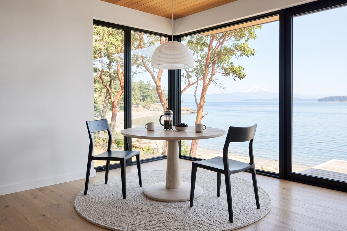 Two Cison dining chairs in Black facing each other across a round whitewashed-oak table in a Saturna Island house