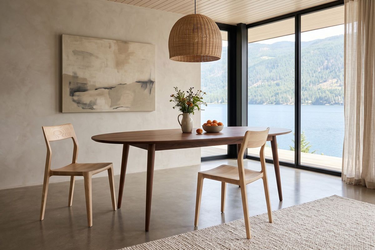 Two Cison dining chairs in Natural at an oval walnut table in a Nakusp house