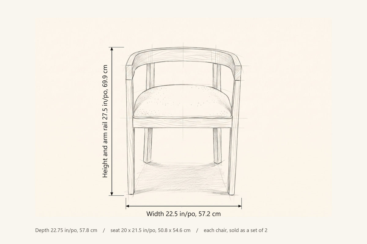 Civita dining chair dimensions: 22.5 in wide, 22.75 in deep, 27.5 in high with the arm rail at the same height