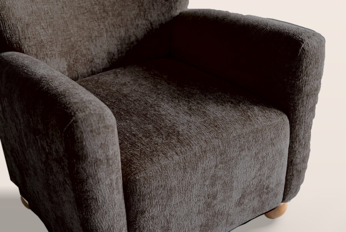 Close-up of the Collodi seat and the inside of the round arms in Dark Brown chenille
