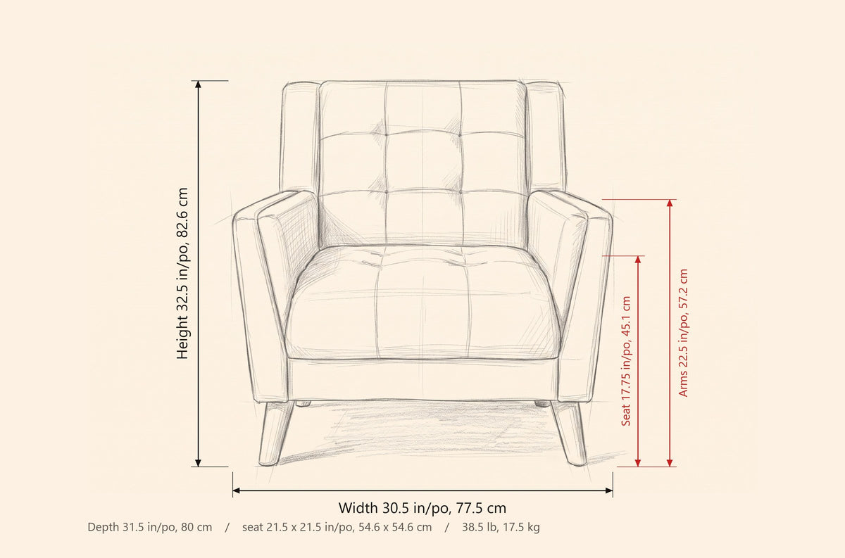 Comacchio armchair dimensions: 30.5 in wide, 31.5 in deep, 32.5 in high, seat 17.75 in high, arms 22.5 in high