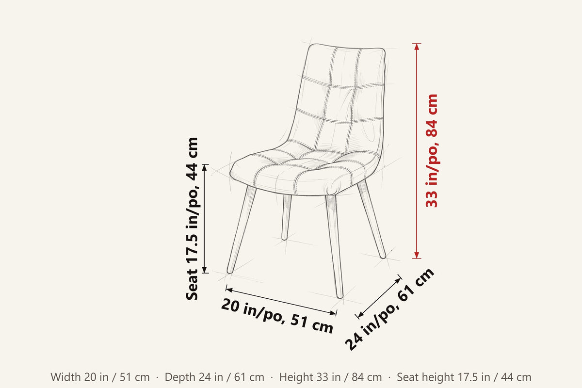 Compiano dimensions on a pencil sketch of the chair: 33 in high, 20 in wide, 24 in deep, seat height 17.5 in