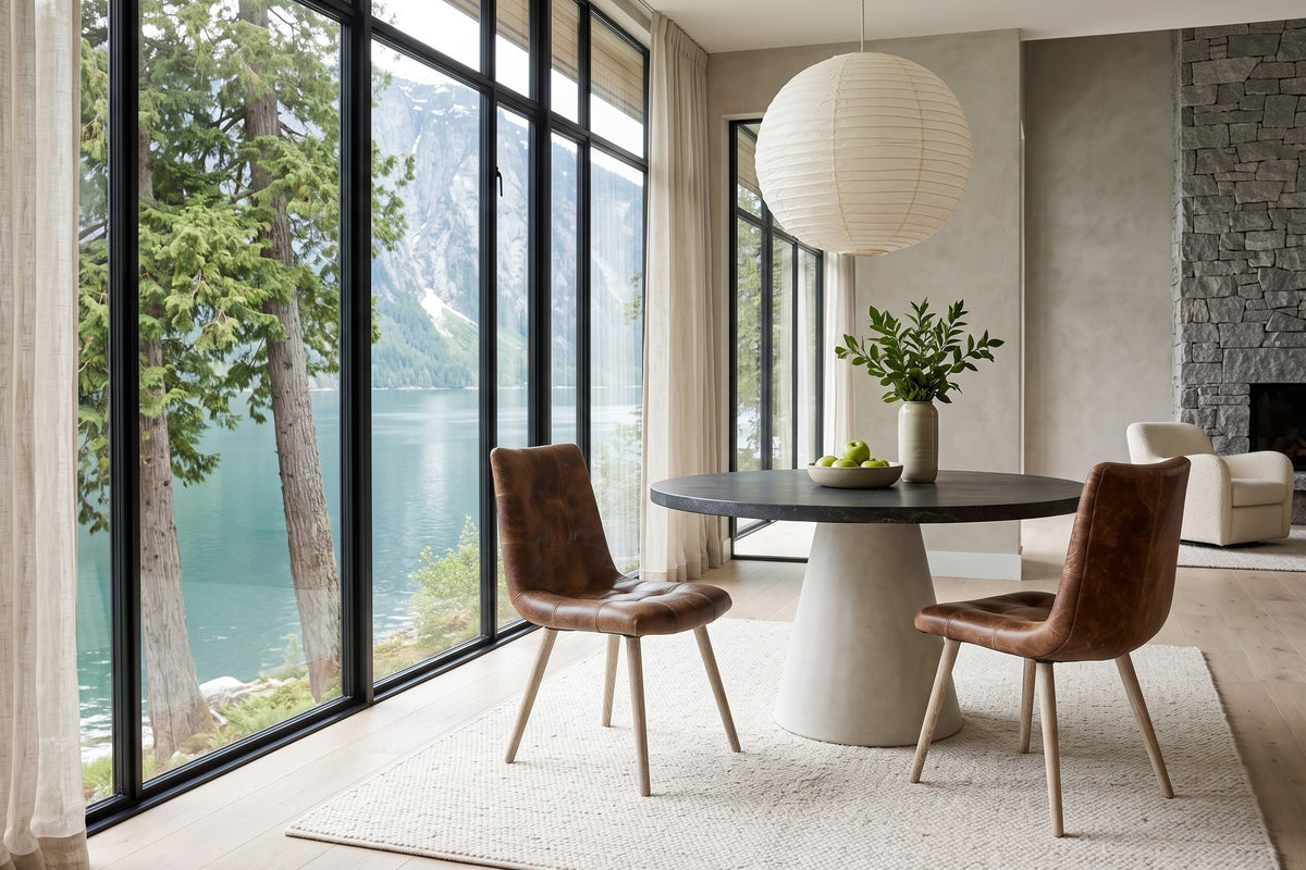 Two Compiano dining chairs in distressed brown leather at a round basalt-top table in a Bella Coola valley house