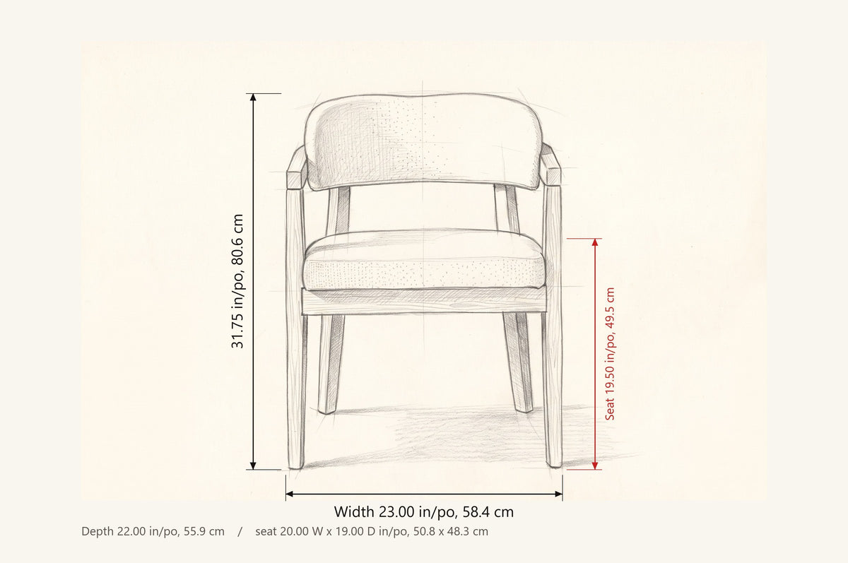 Corinaldo dimensions: 23 in wide, 31.75 in high, seat height 19.5 in, 22 in deep, seat 20 x 19 in