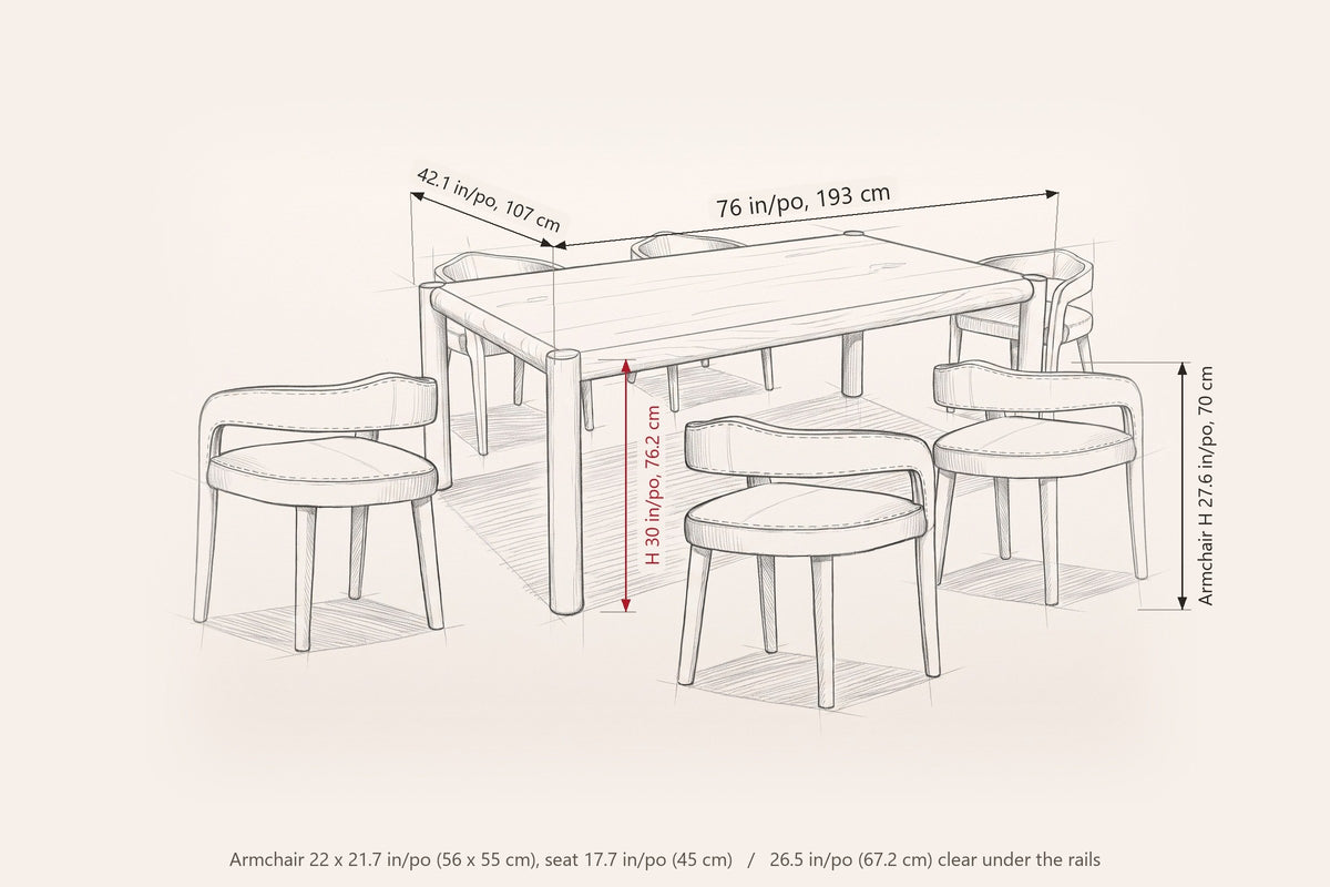 Corniglia dining set dimensions drawn on the pencil sketch: table 76 in long, 42.1 in wide, 30 in high; armchair 27.6 in high, 22 in wide