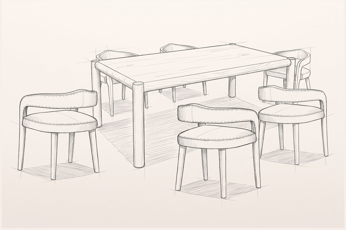 Pencil sketch of the Corniglia dining set, three-quarter view