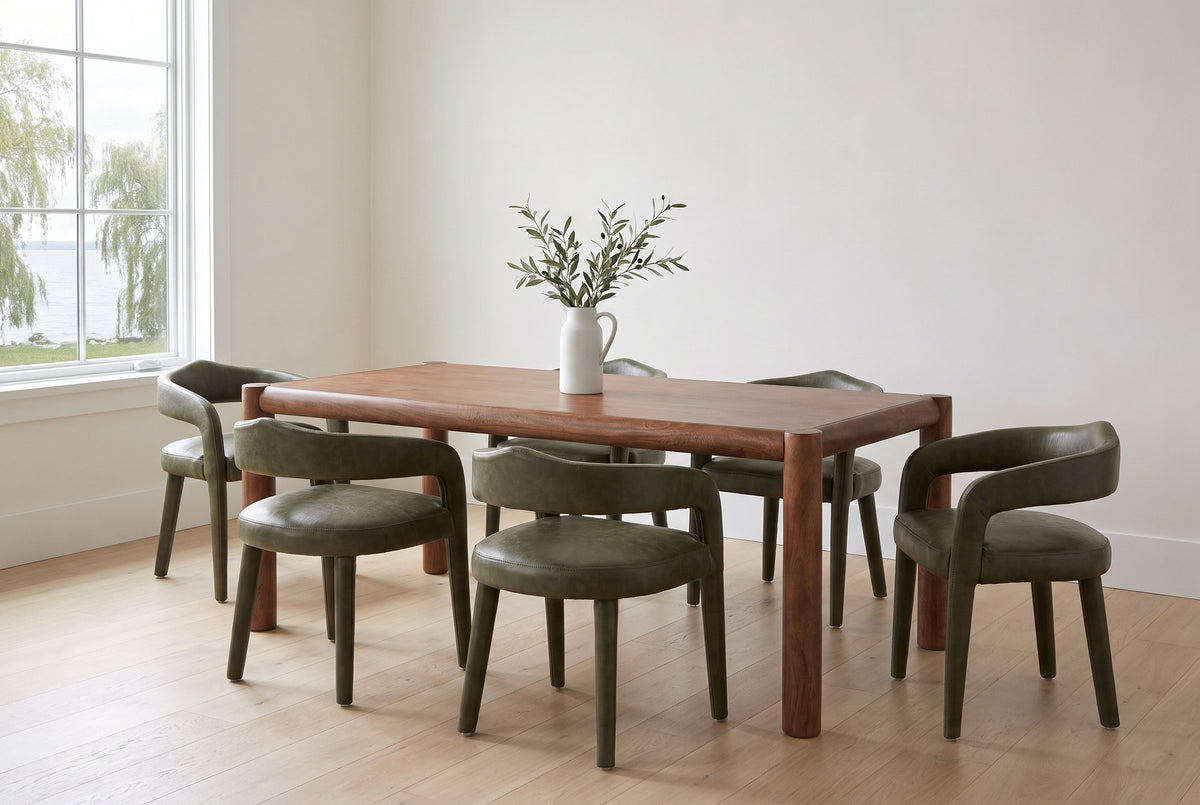 Corniglia 7-piece dining set in a bright Oakville lake house: the walnut mango table with six moss faux leather armchairs, Lake Ontario and willows through the window