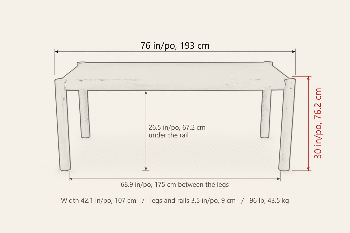 Corniglia dimensions: 76 in long, 42.1 in wide, 30 in high, 26.5 in clear under the rails, 68.9 in between the legs