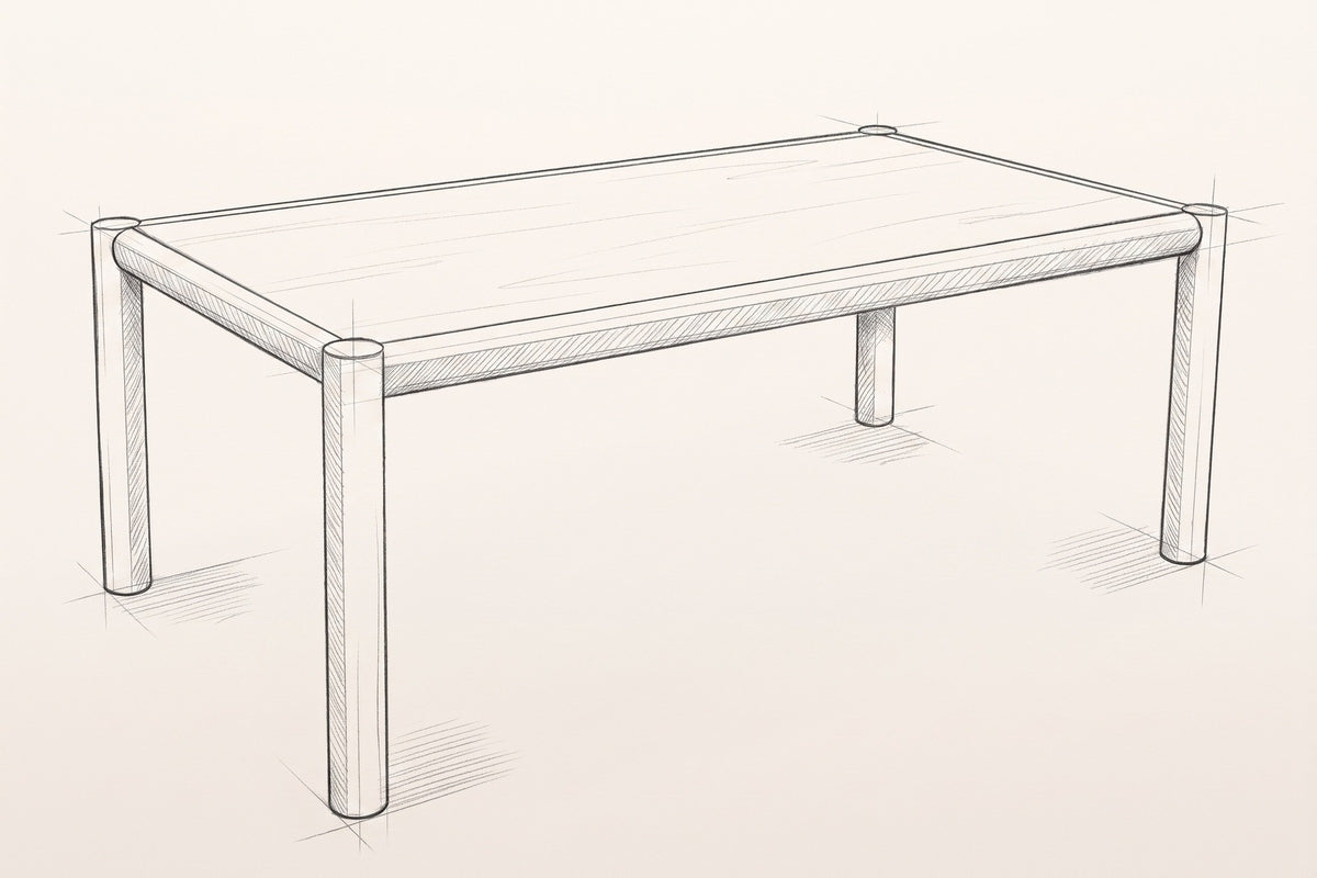 Pencil sketch of the Corniglia dining table, three-quarter view from above