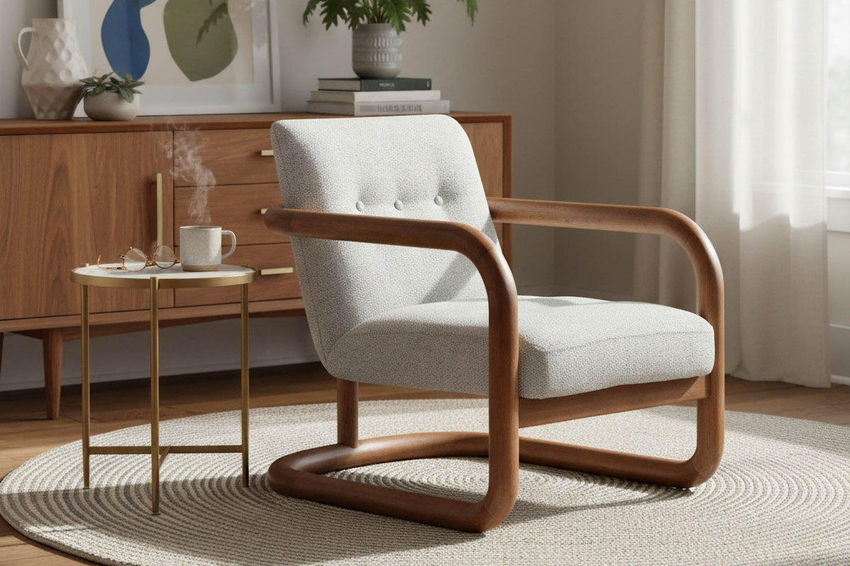 Corwin Ivory accent chair on a round rug next to a wood sideboard