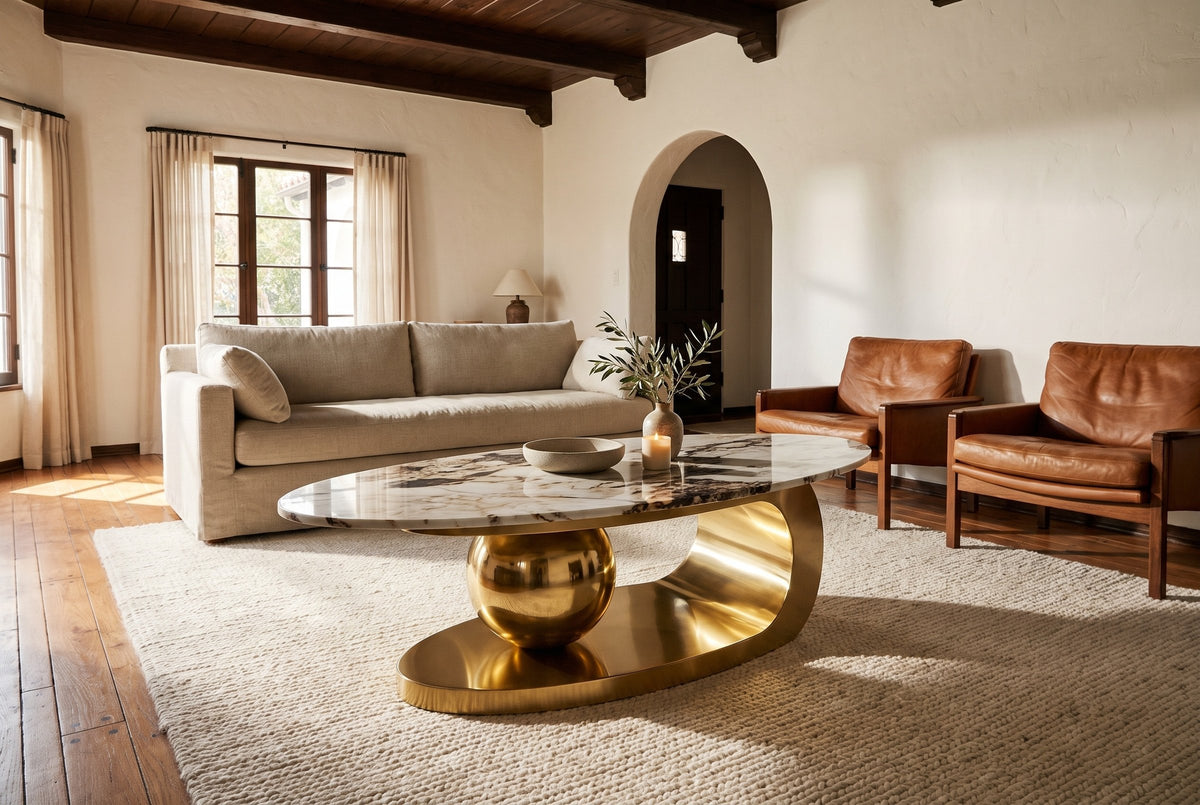 The Cosima coffee table on an ivory rug in front of a linen sofa and two cognac leather lounge chairs, in a plaster living room with a beamed ceiling and an arched doorway