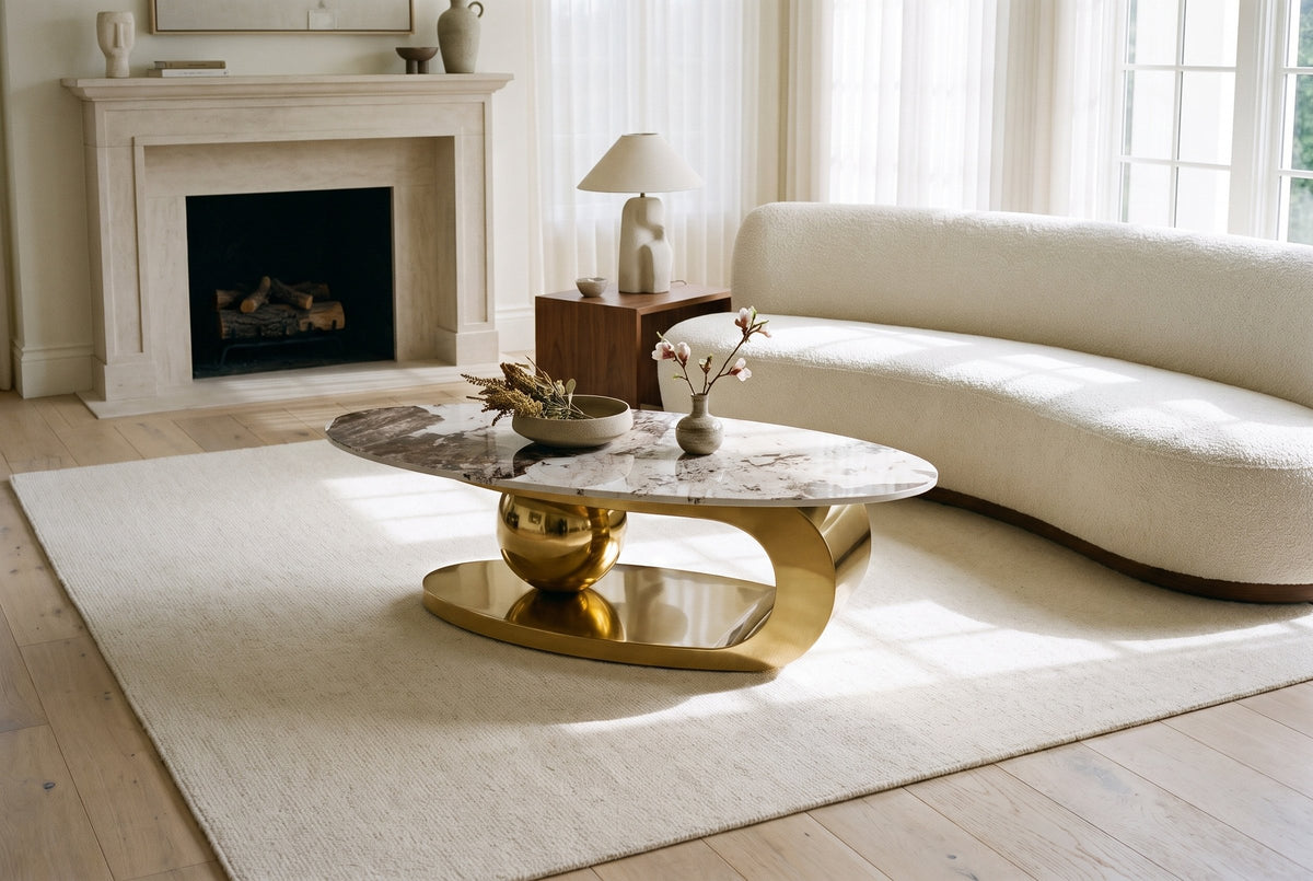 The Cosima coffee table on an ivory rug beside a curved white boucle sofa, in a bright living room with a pale limestone fireplace and pale oak floors