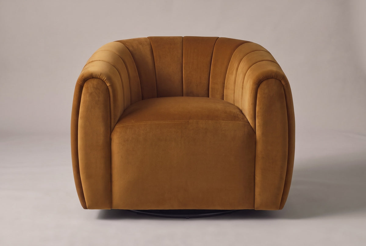 Cuneo swivel chair in caramel velvet, straight front view on a studio backdrop