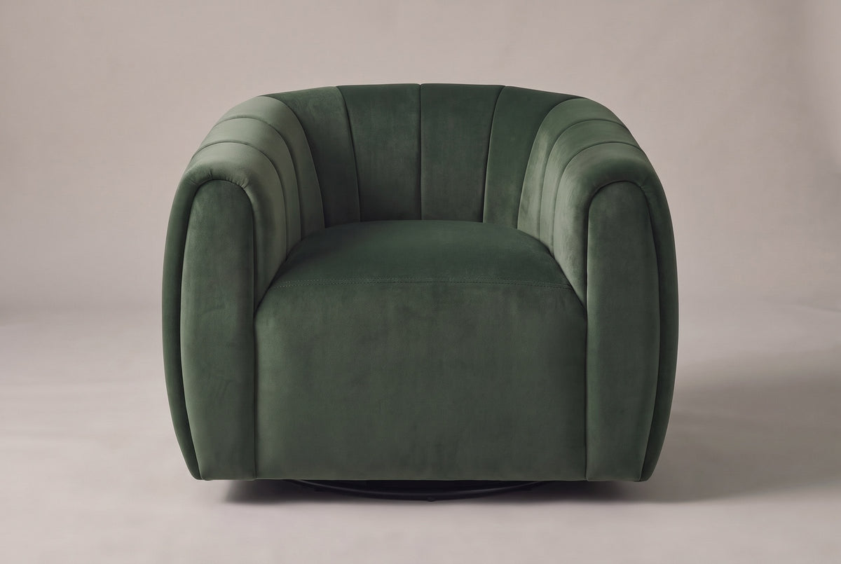 Cuneo swivel chair in olive green velvet, straight front view on a studio backdrop
