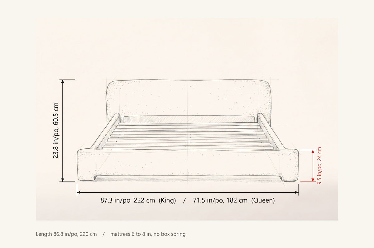 Cupello bed dimensions: King 87.3 in wide, Queen 71.5 in wide, 23.8 in high, rails 9.5 in, 86.8 in long