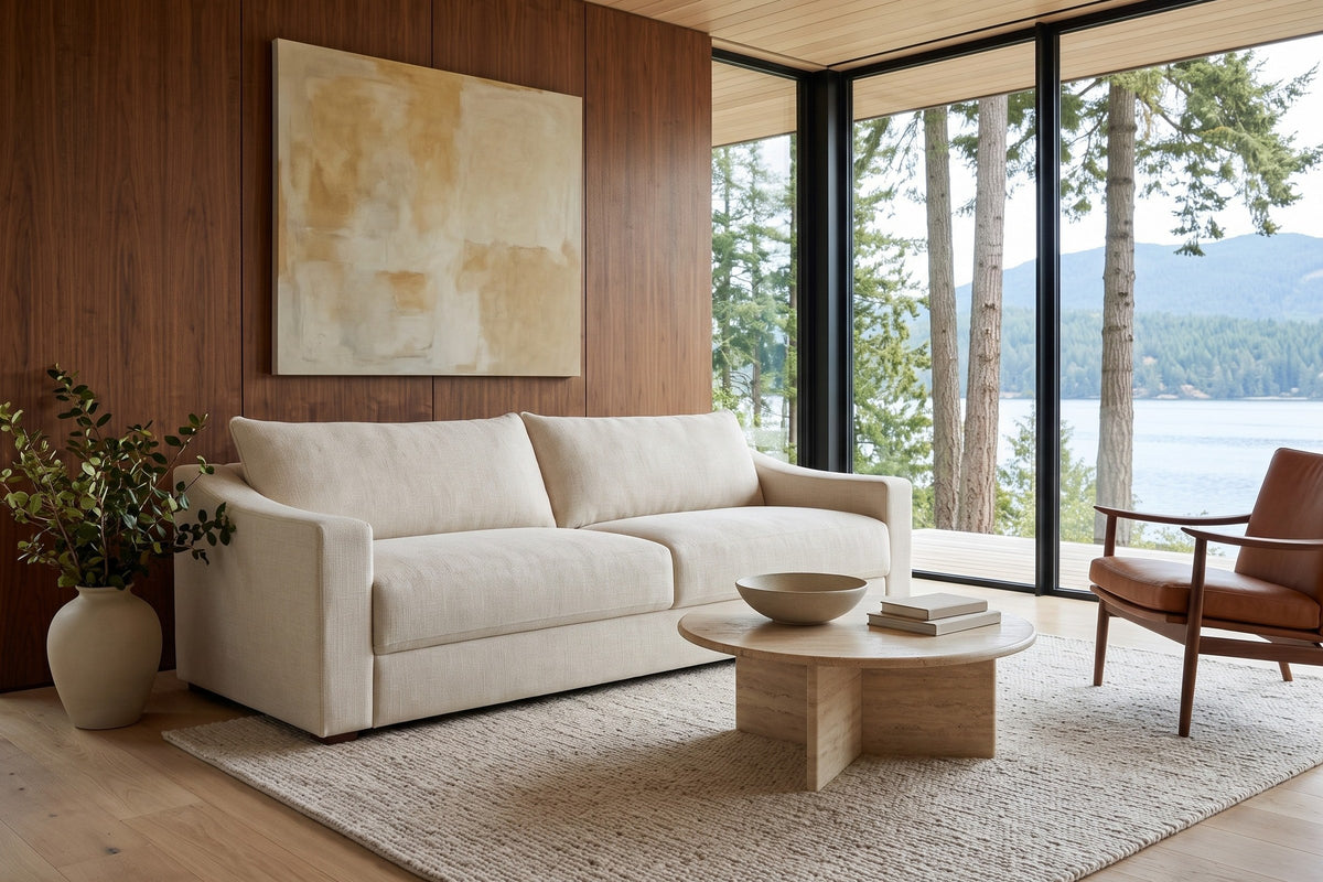 Cupramontana sofa in Beige seen from the front left in a Thetis Island house, walnut panelling