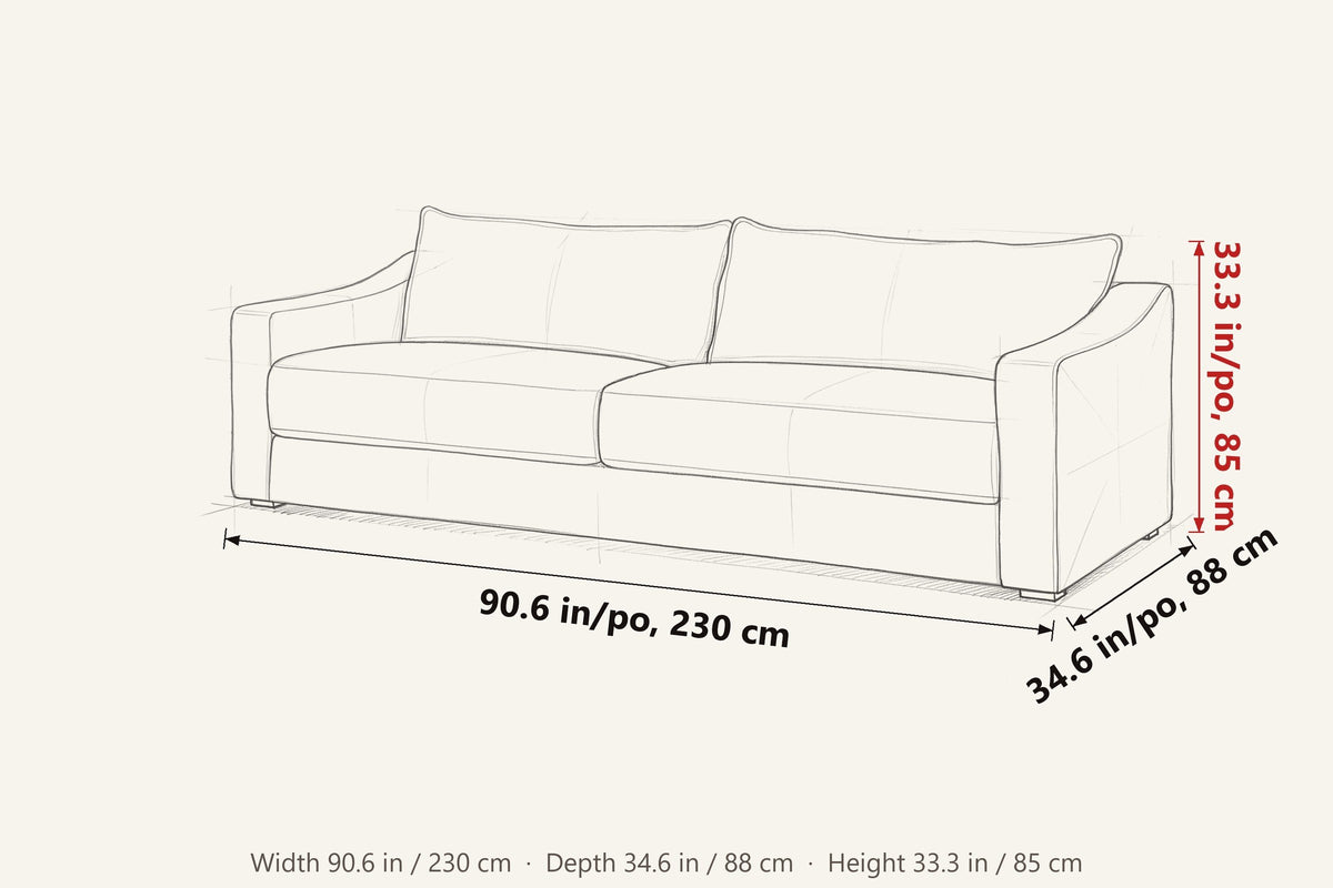 Cupramontana dimensions on a pencil sketch of the sofa: 90.6 in wide, 34.6 in deep, 33.3 in high