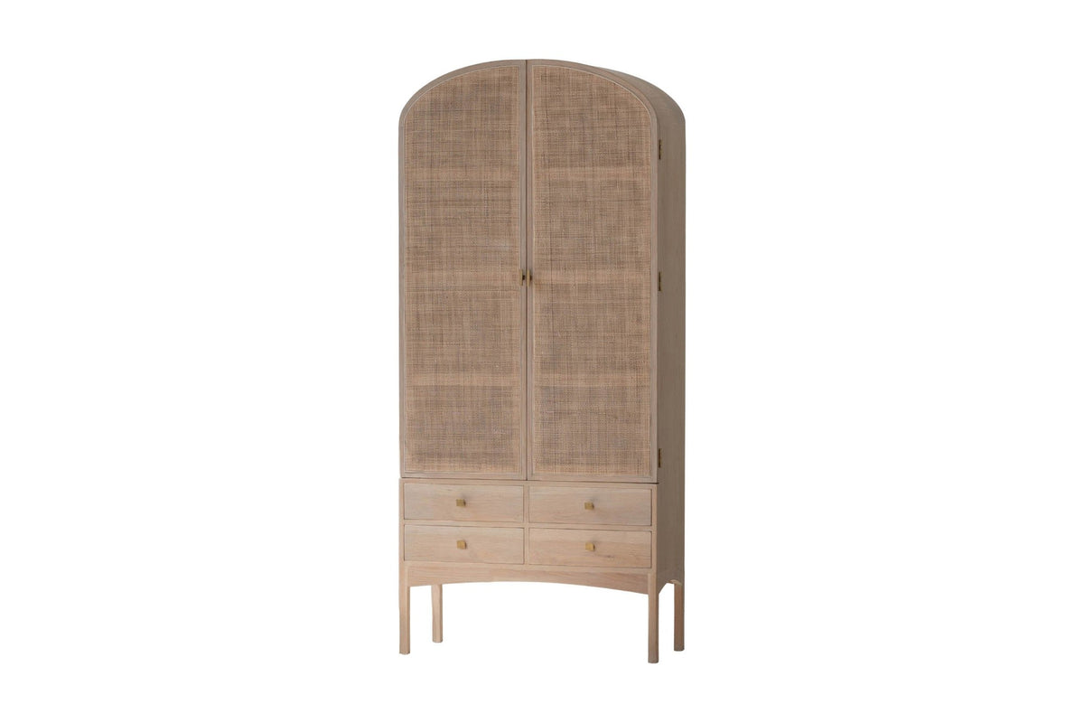 Dalton oak and rattan arched tall cabinet with doors closed