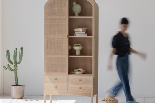 Dalton Oak and Rattan Arched Tall Cabinet - Slim Enough for an Entry