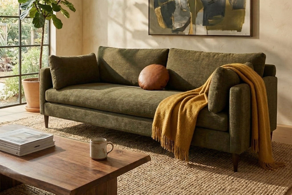 Darby Pine green sofa with a mustard throw in a sunlit living room with a wood coffee table