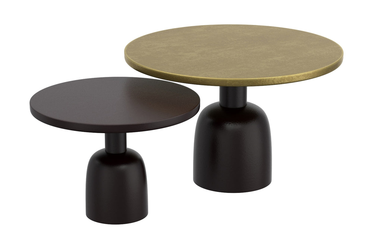 Delaney nesting coffee table set in antique gold and black, three-quarter view