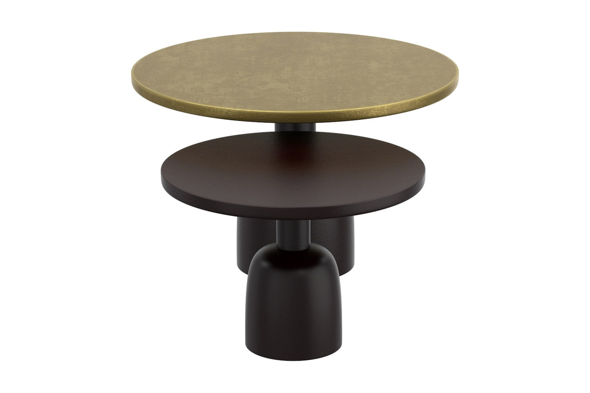 Delaney tables nested, small black table tucked under the antique gold table