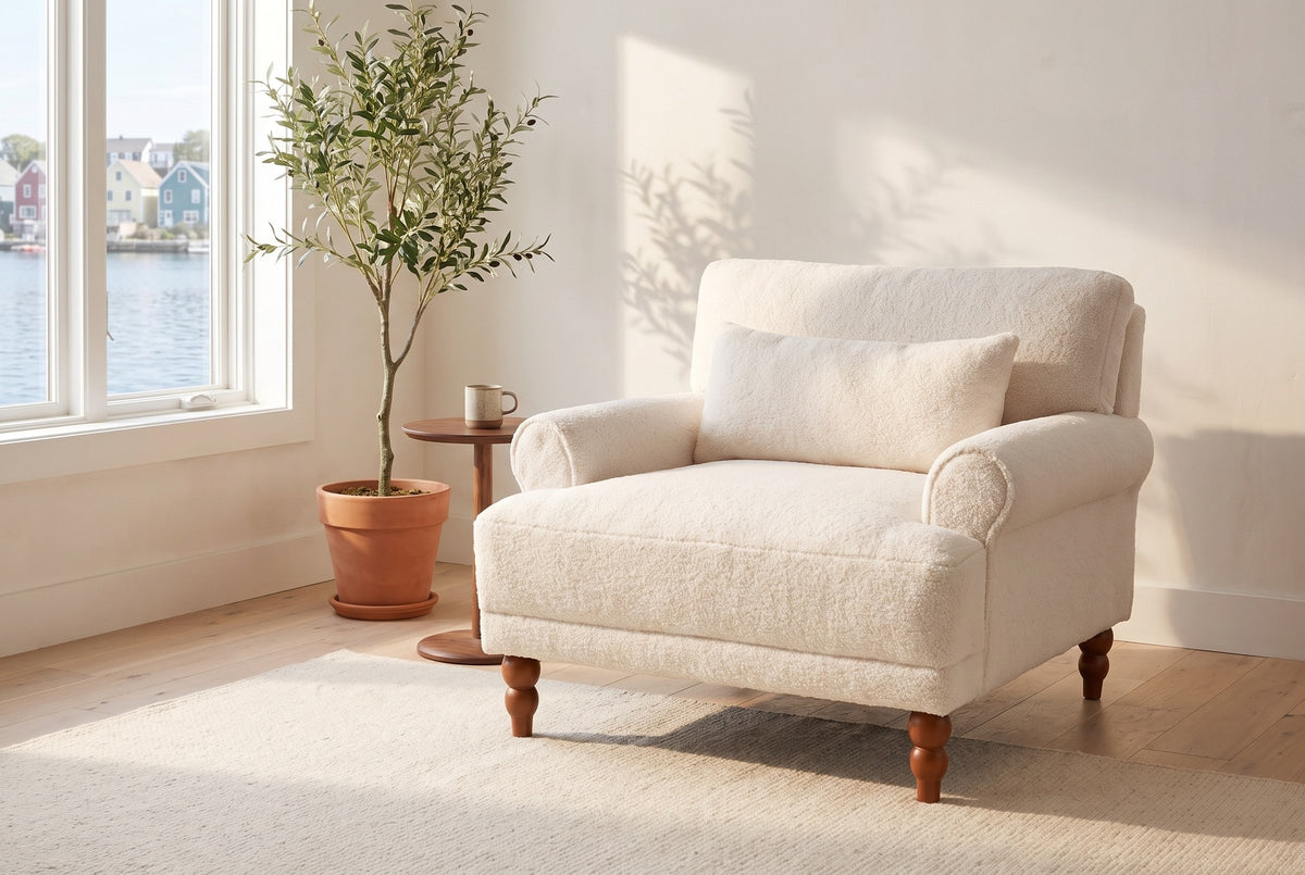 Dolceacqua chair in a Halifax row-house living room in morning sun, a window onto the harbour and an olive tree