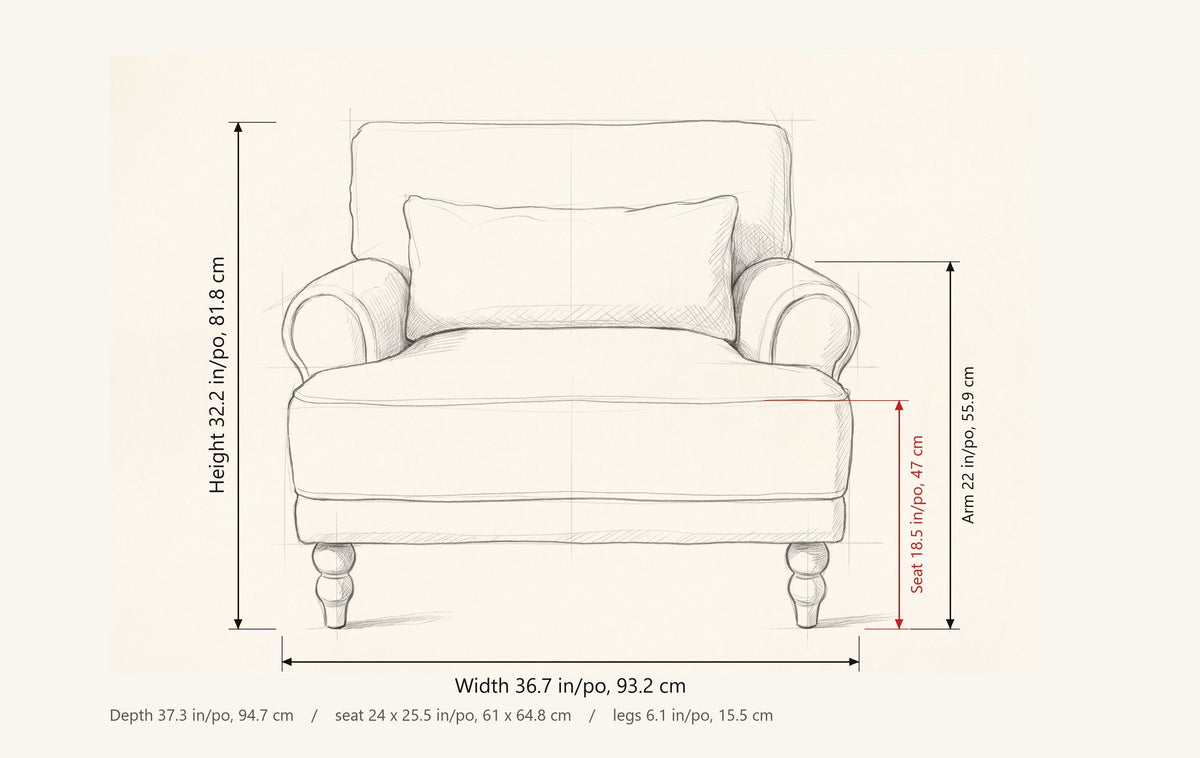 Dolceacqua dimensions: 36.7 in wide, 32.2 in high, 37.3 in deep, seat 18.5 in high, arms 22 in high, seat 24 x 25.5 in