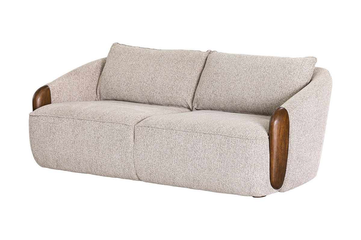 Ellery fabric sofa in Wheat with rubberwood arm accents, three-quarter view