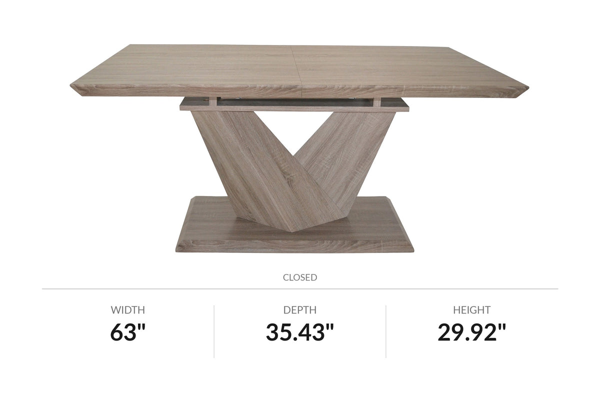 Ellis washed oak extension dining table, front view with dimensions