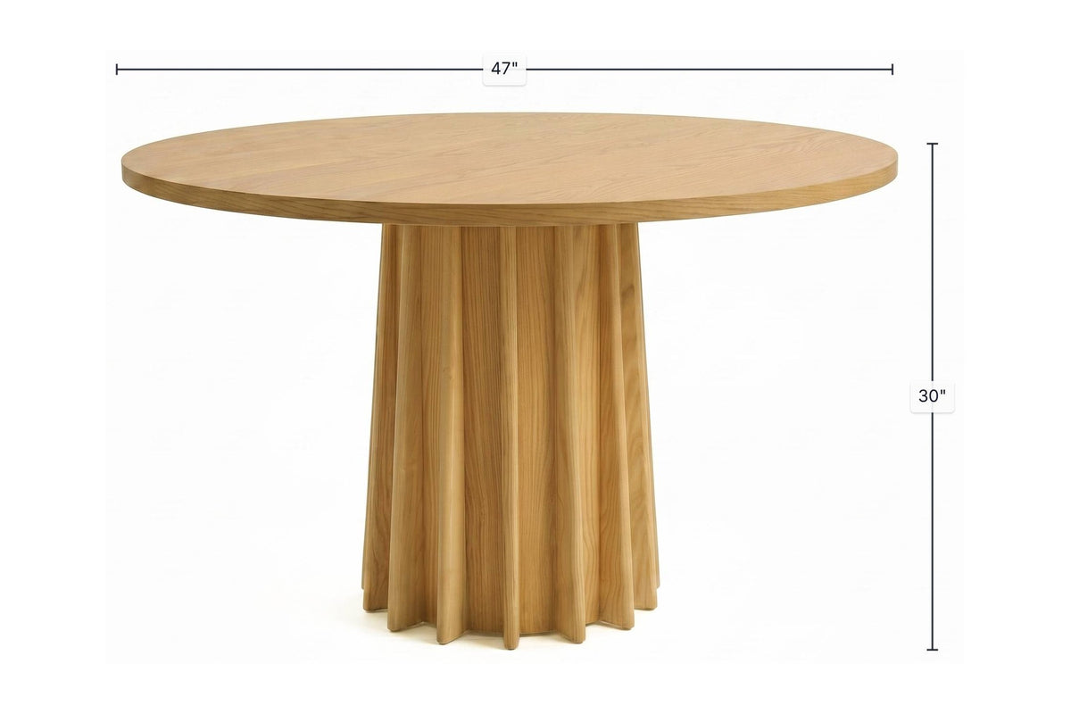 Elowen dining table dimensions: 47 in round top, 30 in high