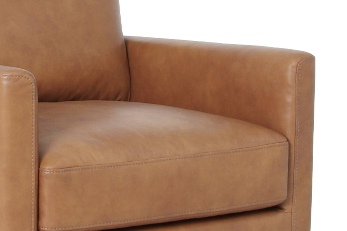 Close-up of the Elwood Latte leather seat cushion and track arm