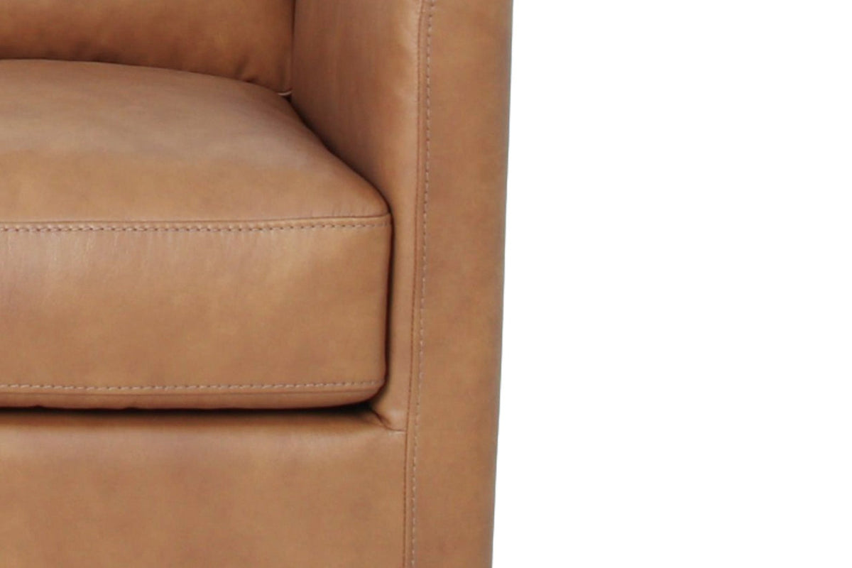 Elwood Latte leather arm and seat cushion edge with stitched seams