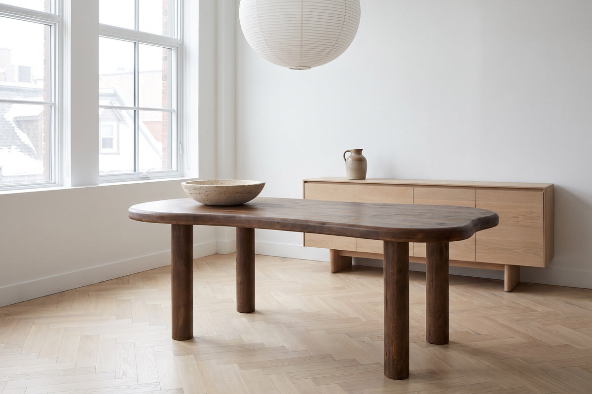 Erbusco dining table in dark walnut in a white Montreal loft on a winter morning