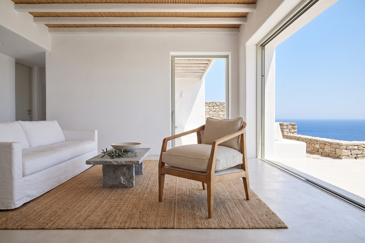 Esanatoglia accent chair in Sand Boucle in a Folegandros cliff house, beside a white linen sofa and a stone table