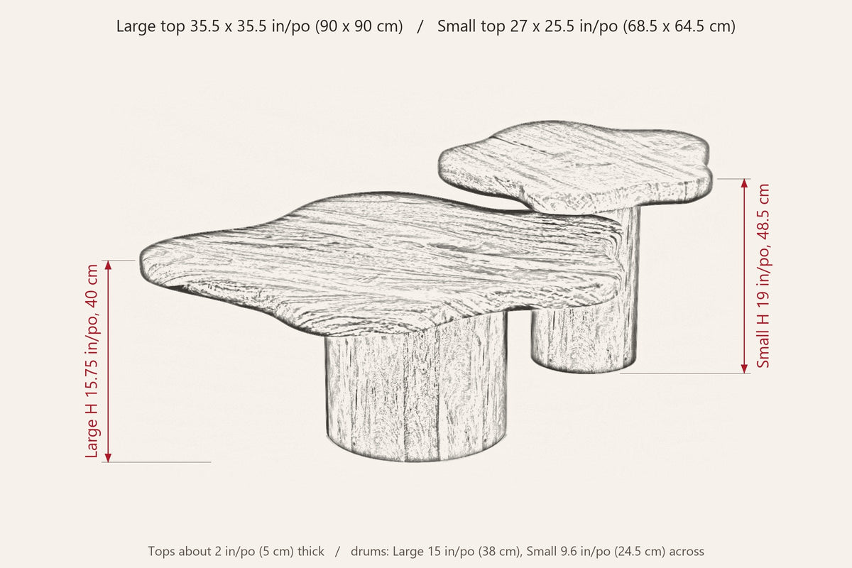 Exilles dimensions: Large 35.5 in across and 15.75 in high, Small 27 x 25.5 in and 19 in high, tops about 2 in thick