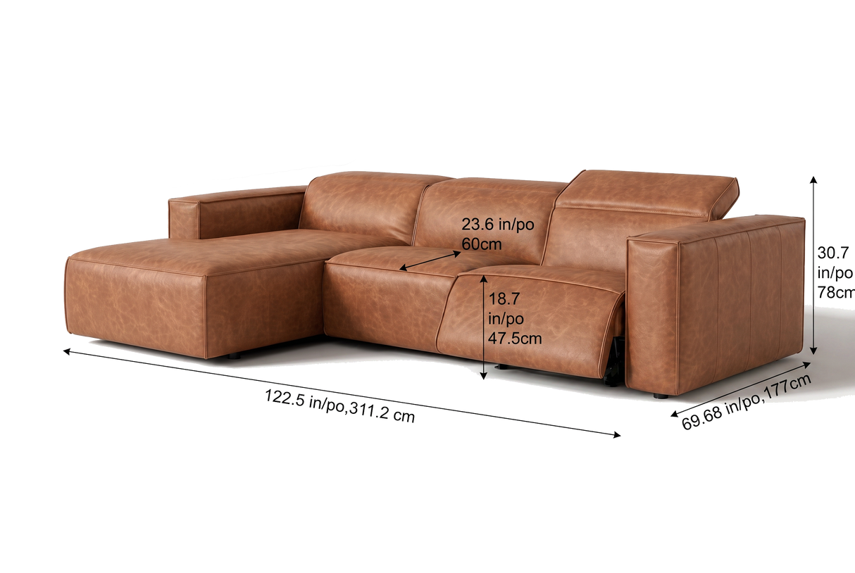 Emery Distressed Italian Aniline Leather Recliner Sectional Sofa