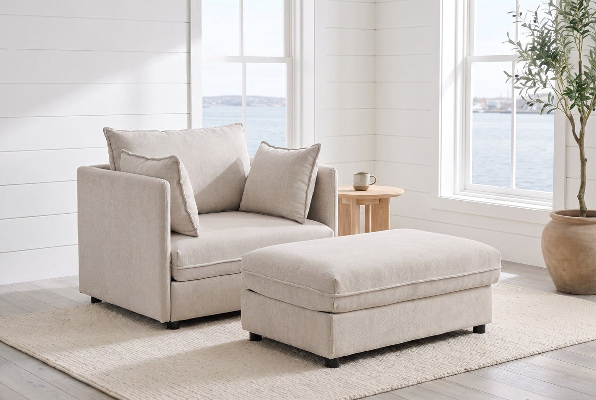 Faenza chair and ottoman in a white-panelled Halifax living room with windows onto the harbour