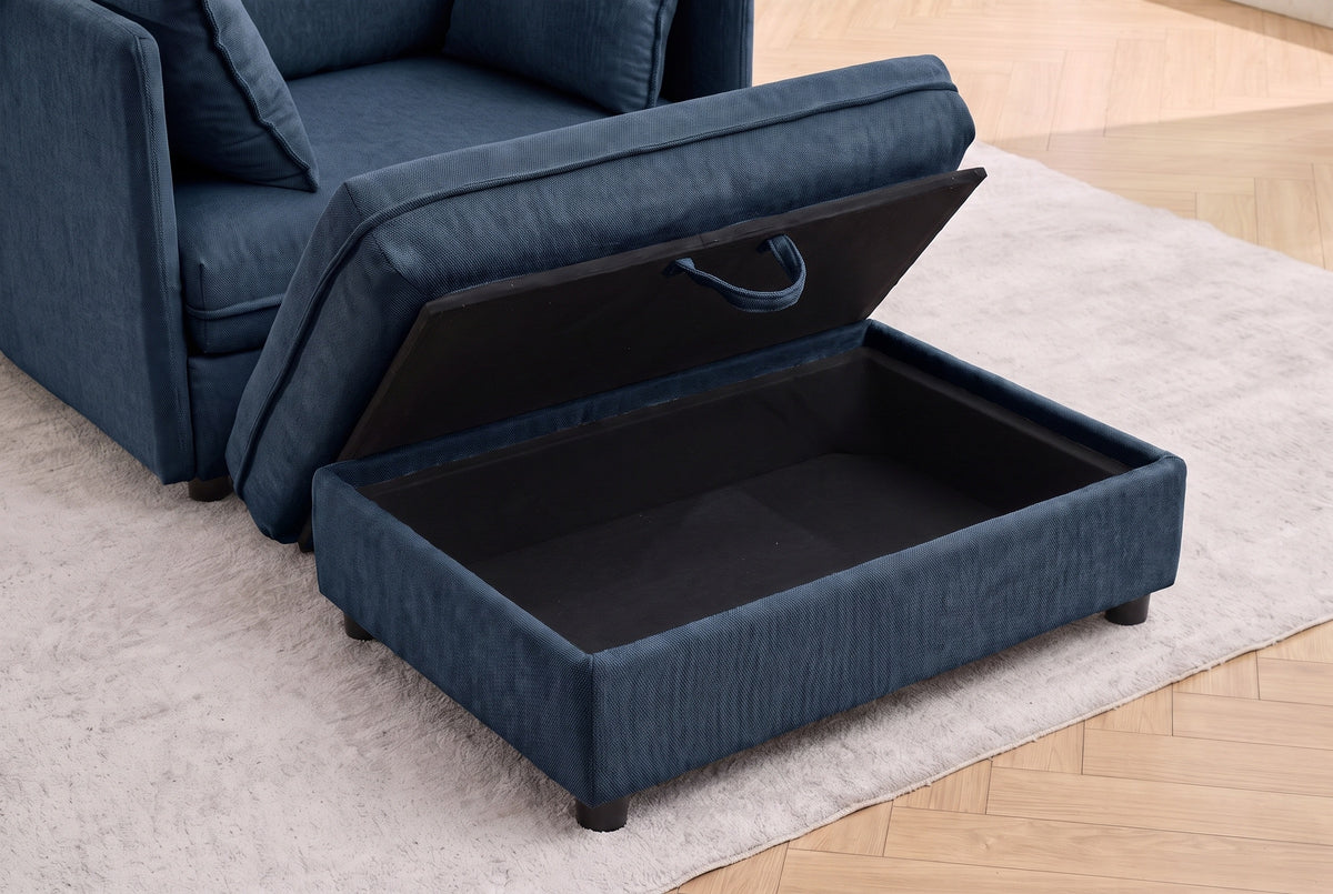 The Faenza ottoman in blue chenille with its lid lifted: a black-lined storage compartment and a blue fabric pull loop