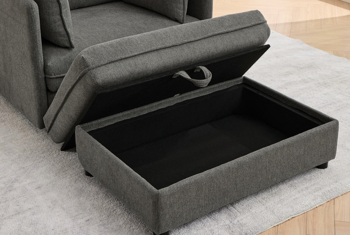 The Faenza ottoman in grey chenille with its lid lifted: a black-lined storage compartment and a grey fabric pull loop