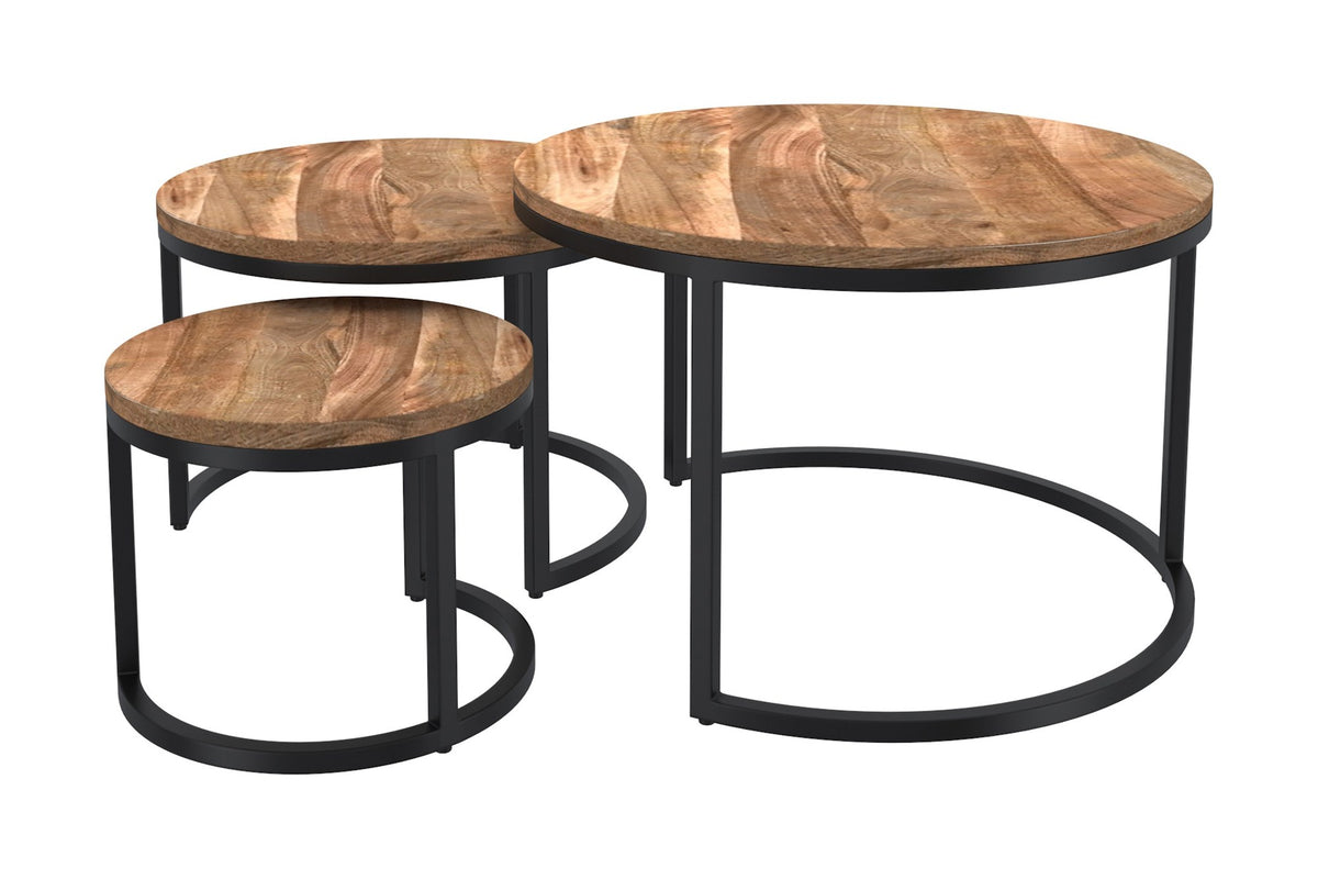 Farrow mango wood and black metal tables partly nested, showing three heights